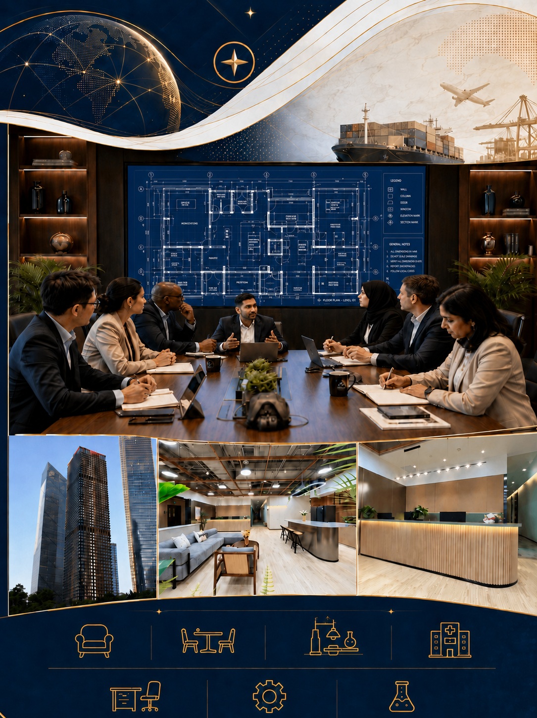Business meeting reviewing a blue architectural floor plan with global sourcing and project procurement visuals